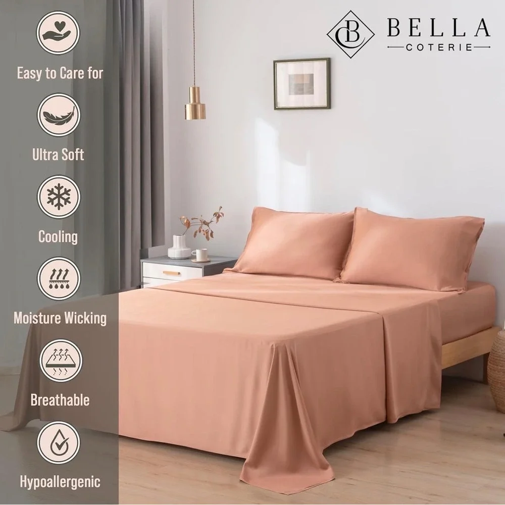 Bella Coterie Bamboo Sheet Set 4pc 400TC Organic Viscose Peach Pink Deep Pocket